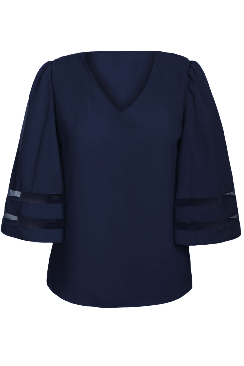 Navy Blue Flare Sleeve V Neck Loose Women's Chiffon Blouse MB251204-5 ...