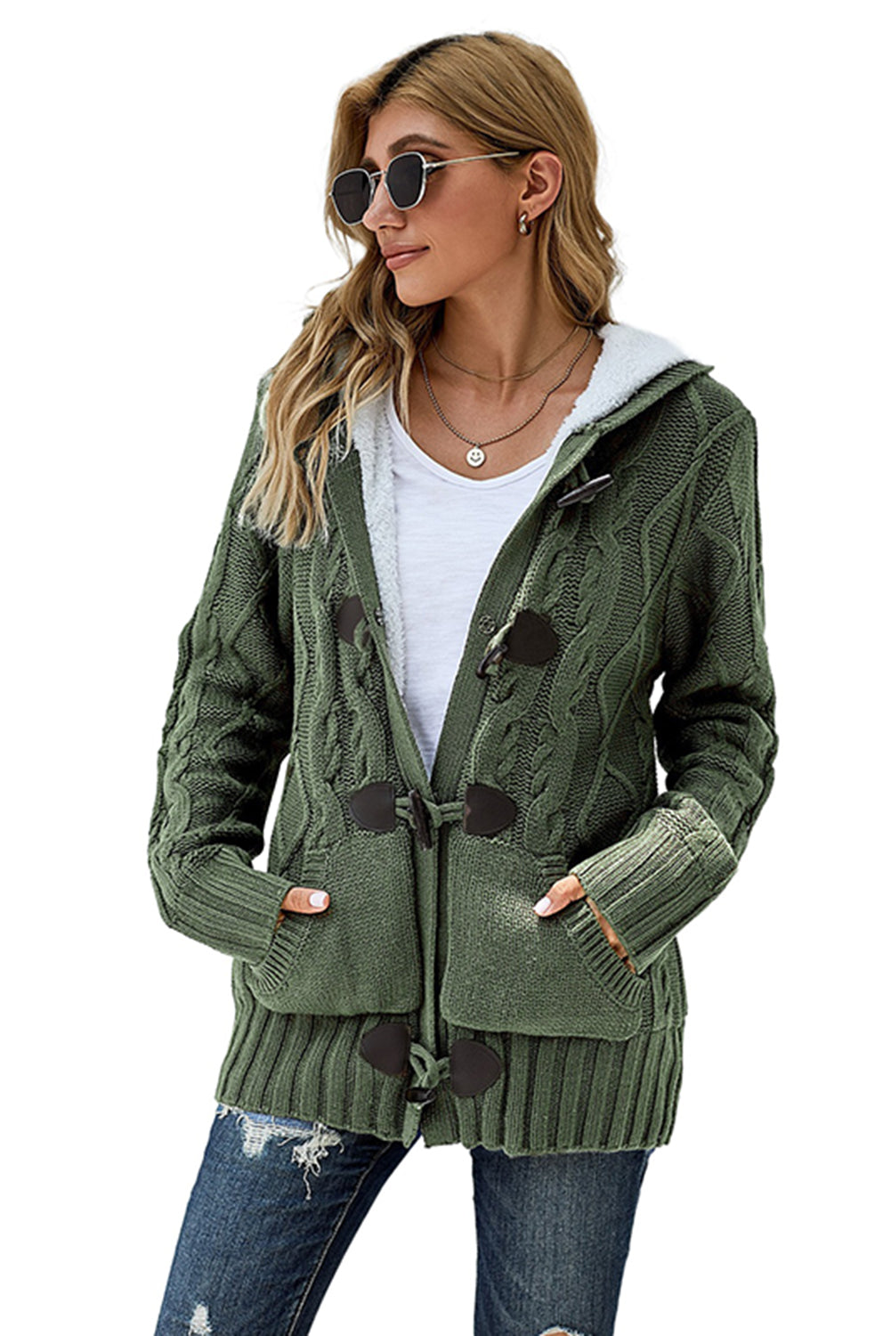 Winter Army Green Fur Hood Horn Button Sweater Cardigan