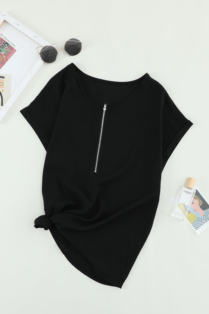 Schwarze Bluse mit kurzen Ärmeln und Reißverschluss für Damen