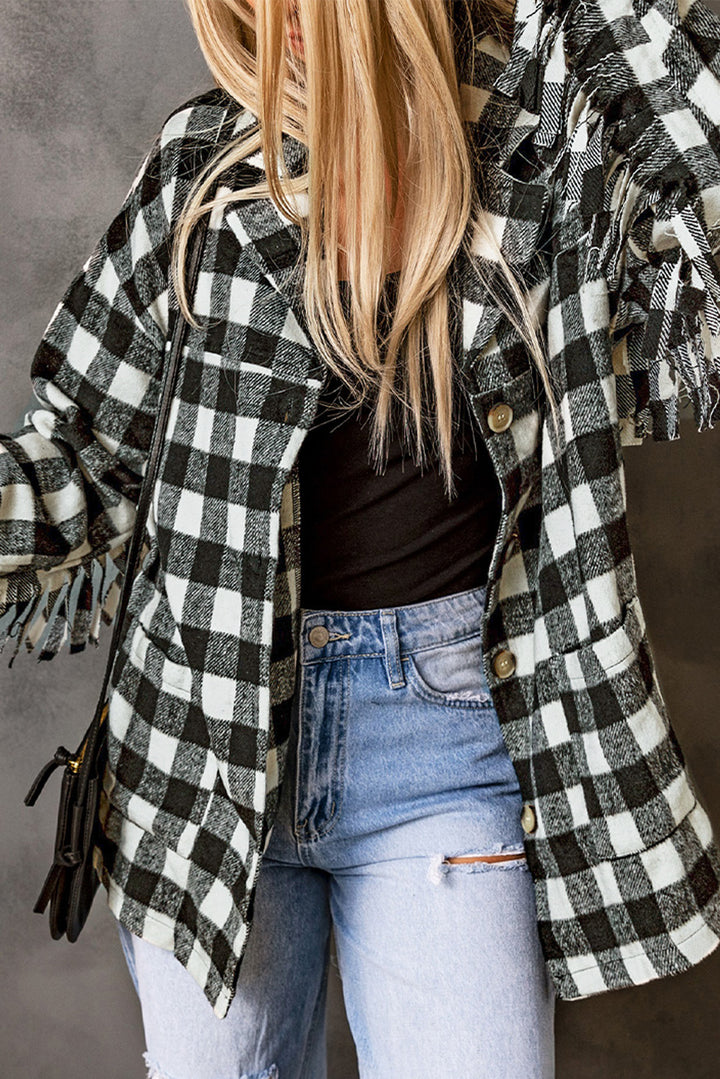 Black Fringed Plaid Print Shacket