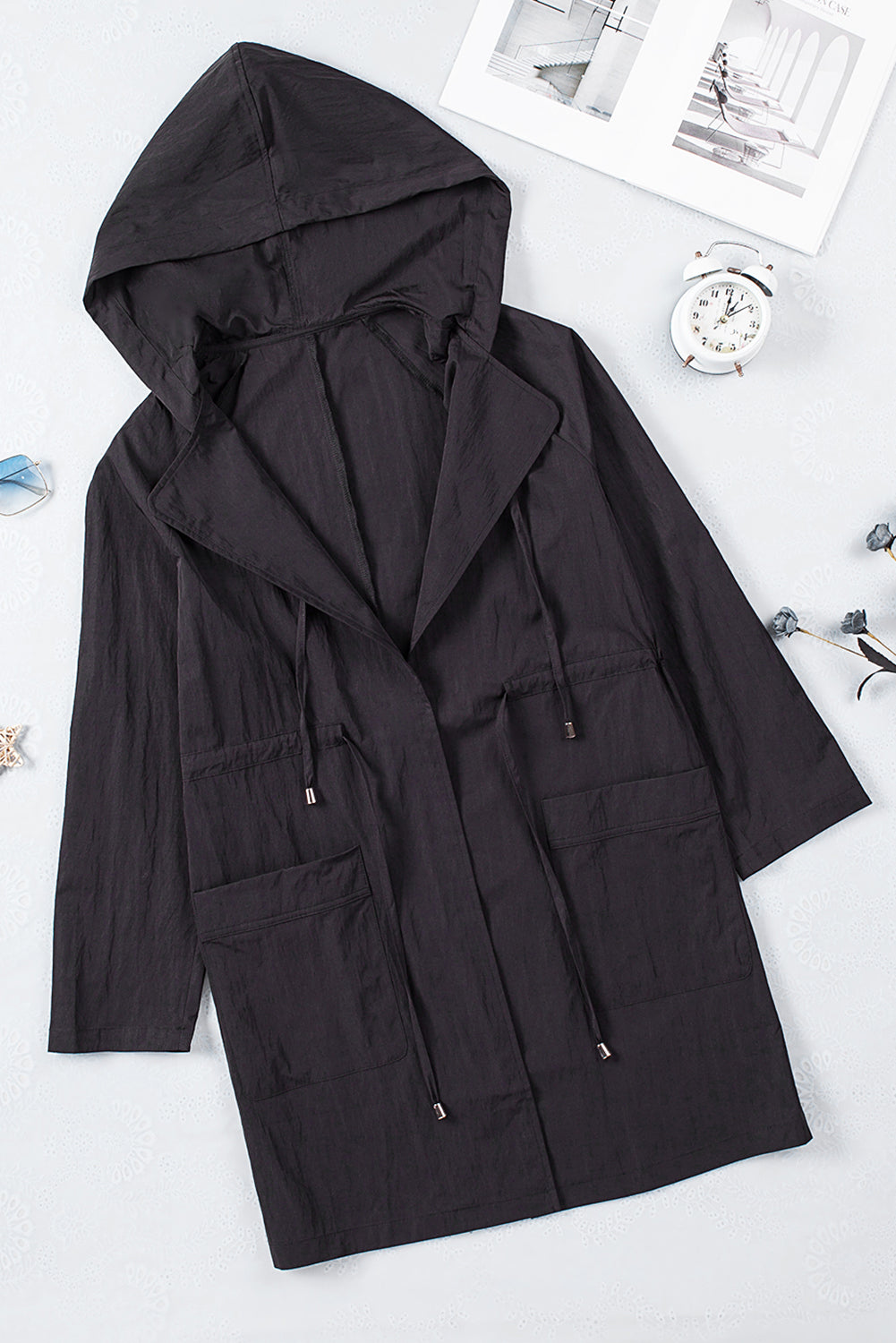 Black Drawstring Turndown Collar Hooded Outerwear