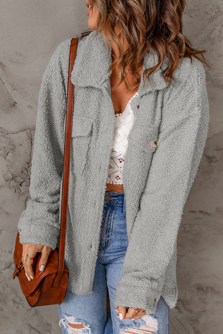 Gray Flap Pockets Button Front Teddy Jacket