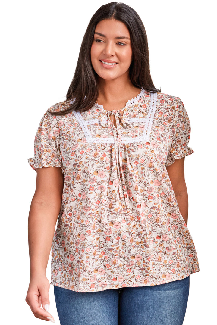 Pink Split Neck Floral Print Plus Size Top