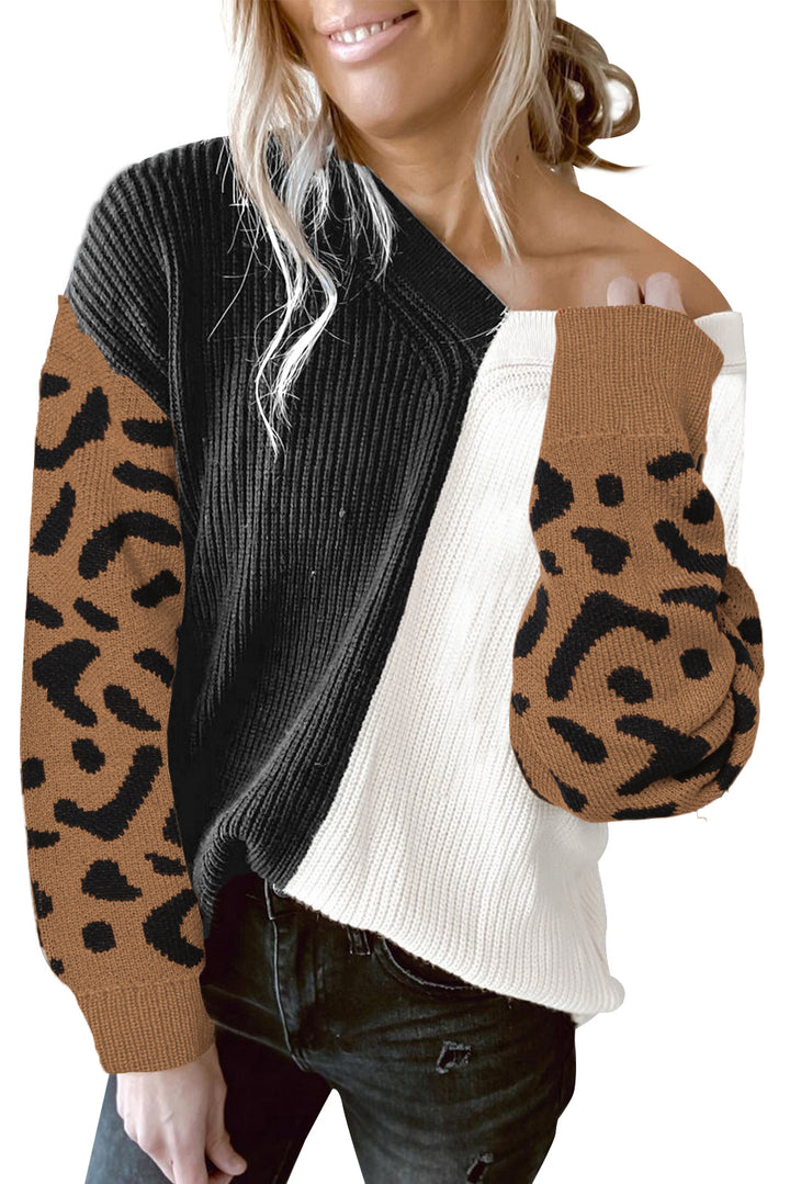 Leopard Print Contrast Color V Neck Sweater