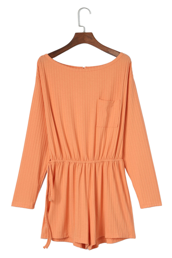 Orange Ribbed Drawstring Waist Long Sleeve Romper