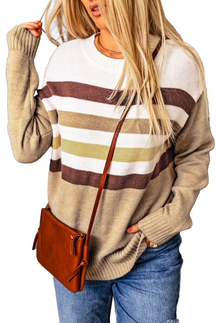 Khaki Crew Neck Striped Long Sleeve Sweater