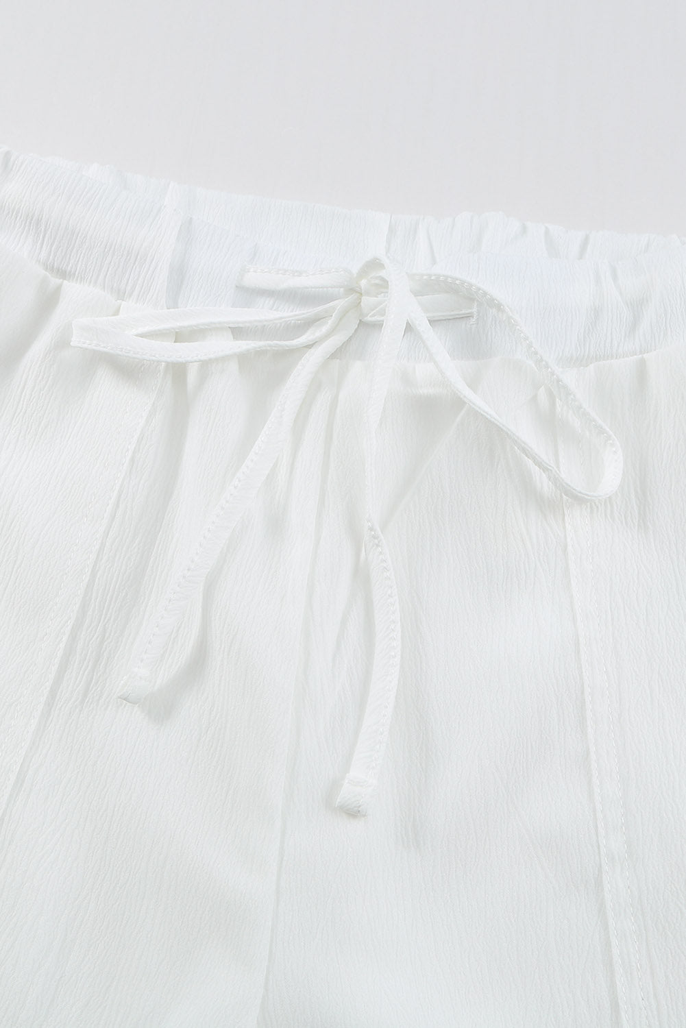 White Drawstring Waist Crinkled Wide Leg Pants