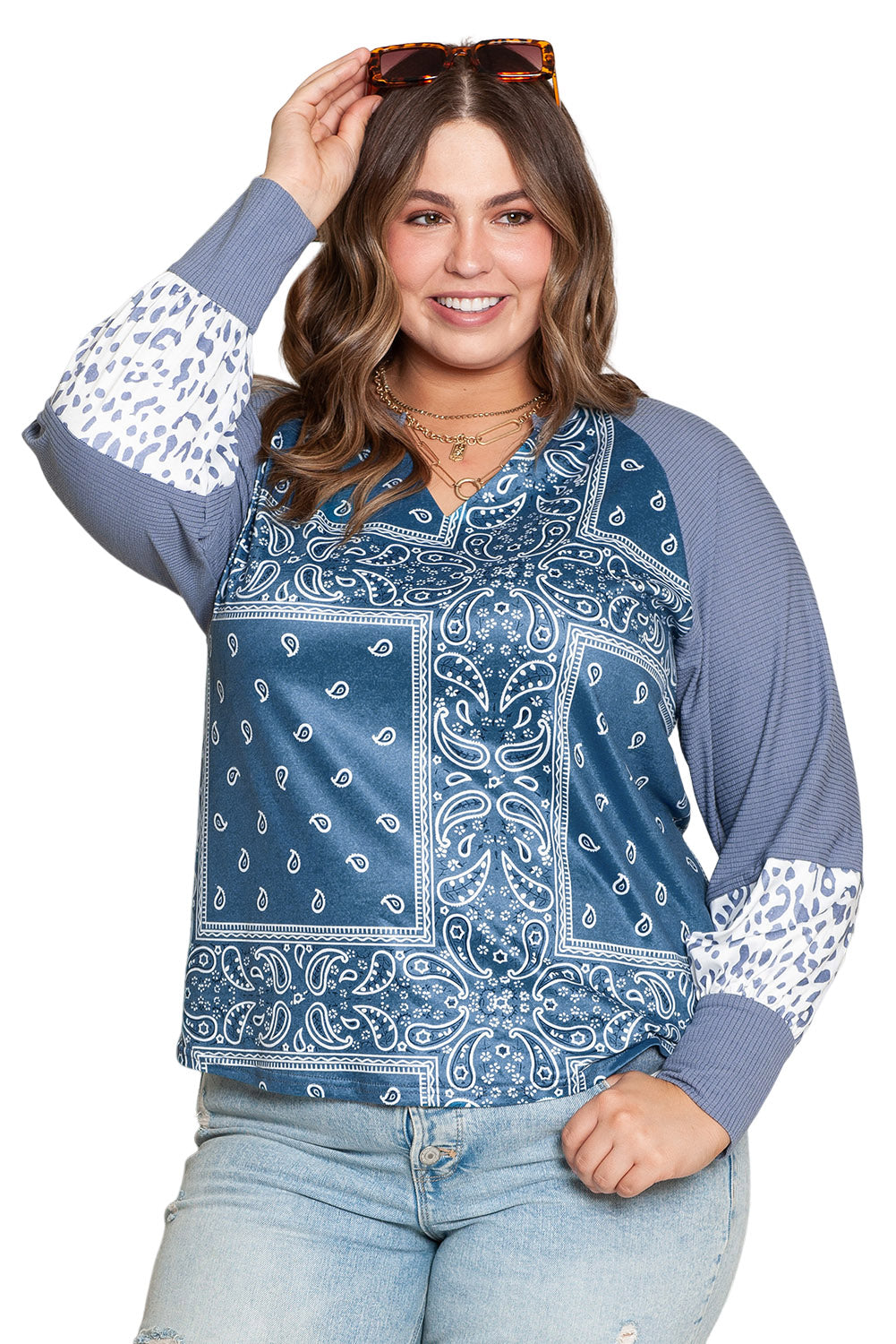 Sky Blue Leopard Paisley Patchwork Split Neck Plus Size Top