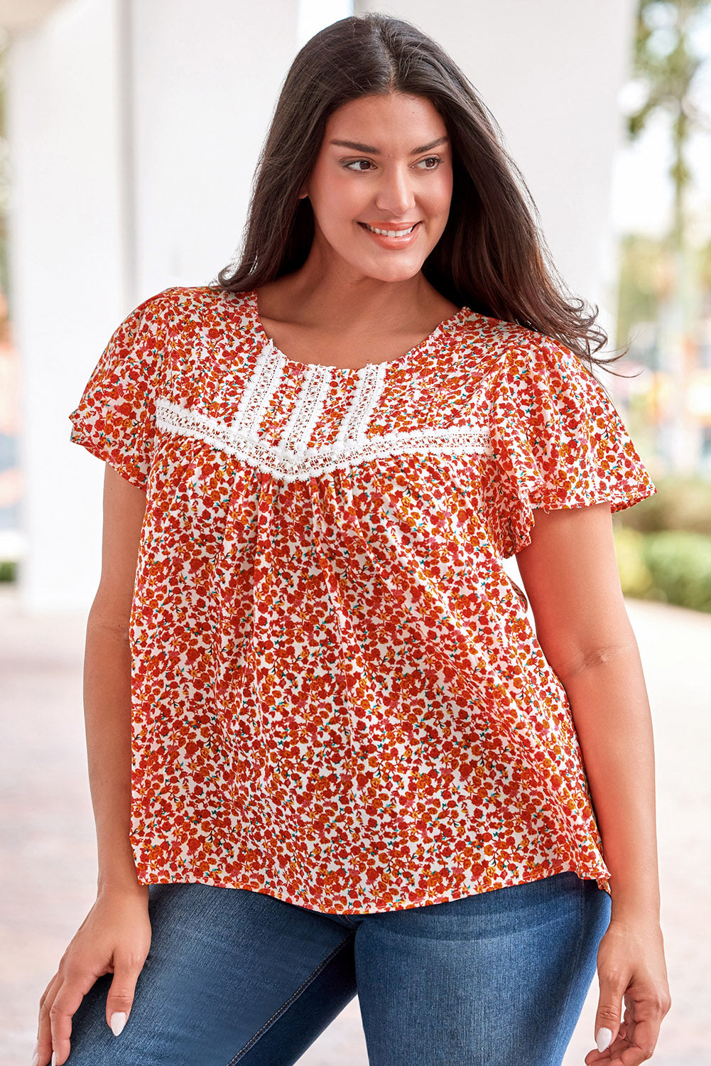 Red Floral Printed Lace Trim Plus Ruffle Sleeve Blouse