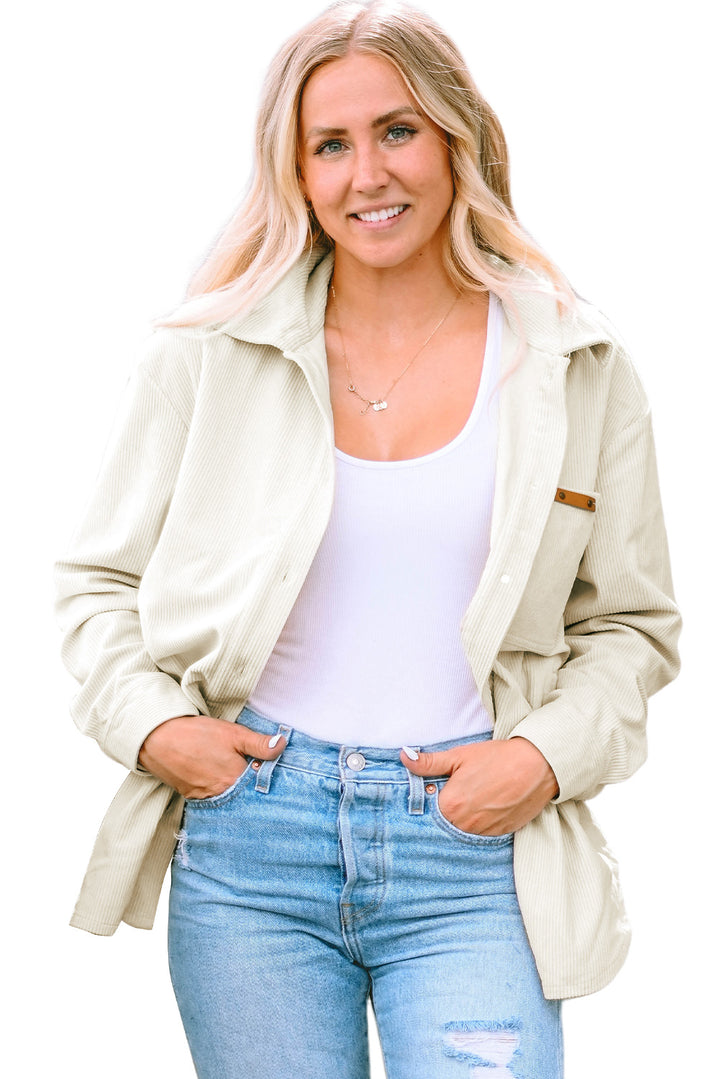 Beige Corduroy Buttoned Front Pocketed Shacket