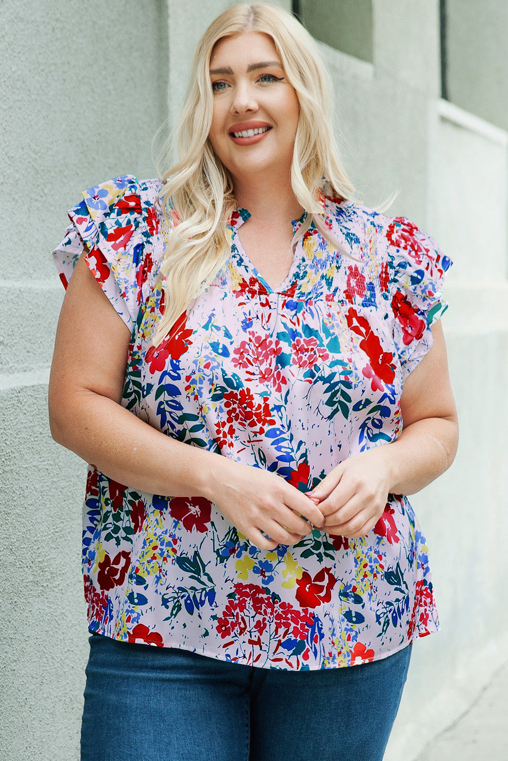 Red Plus Floral Print Ruffle Cap Sleeve V Neck Blouse