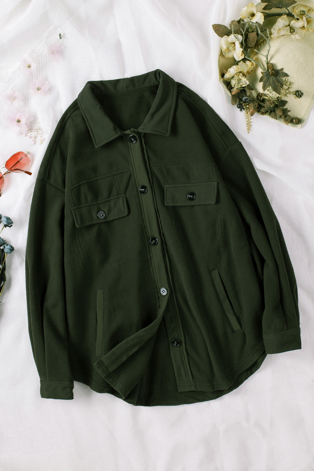 Green Turn Down Collar Buttoned Shirt Jacket