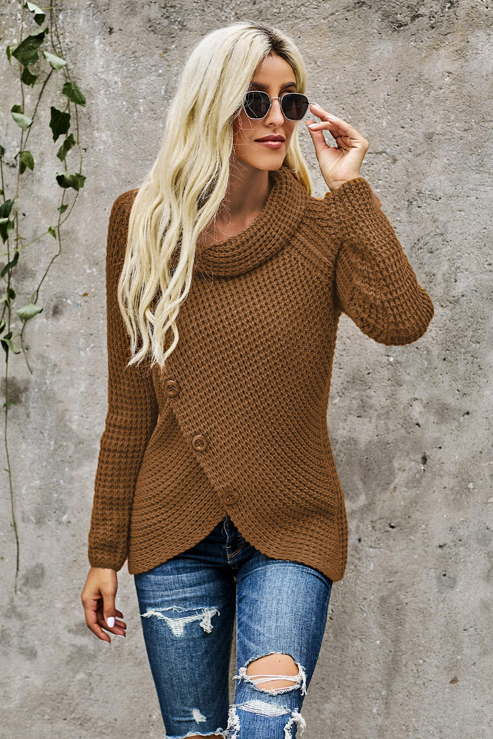 Khaki Buttoned Wrap Turtleneck Sweater