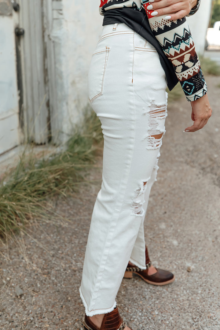 White Light Washed Distressed Slits Button Fly Flare Jeans