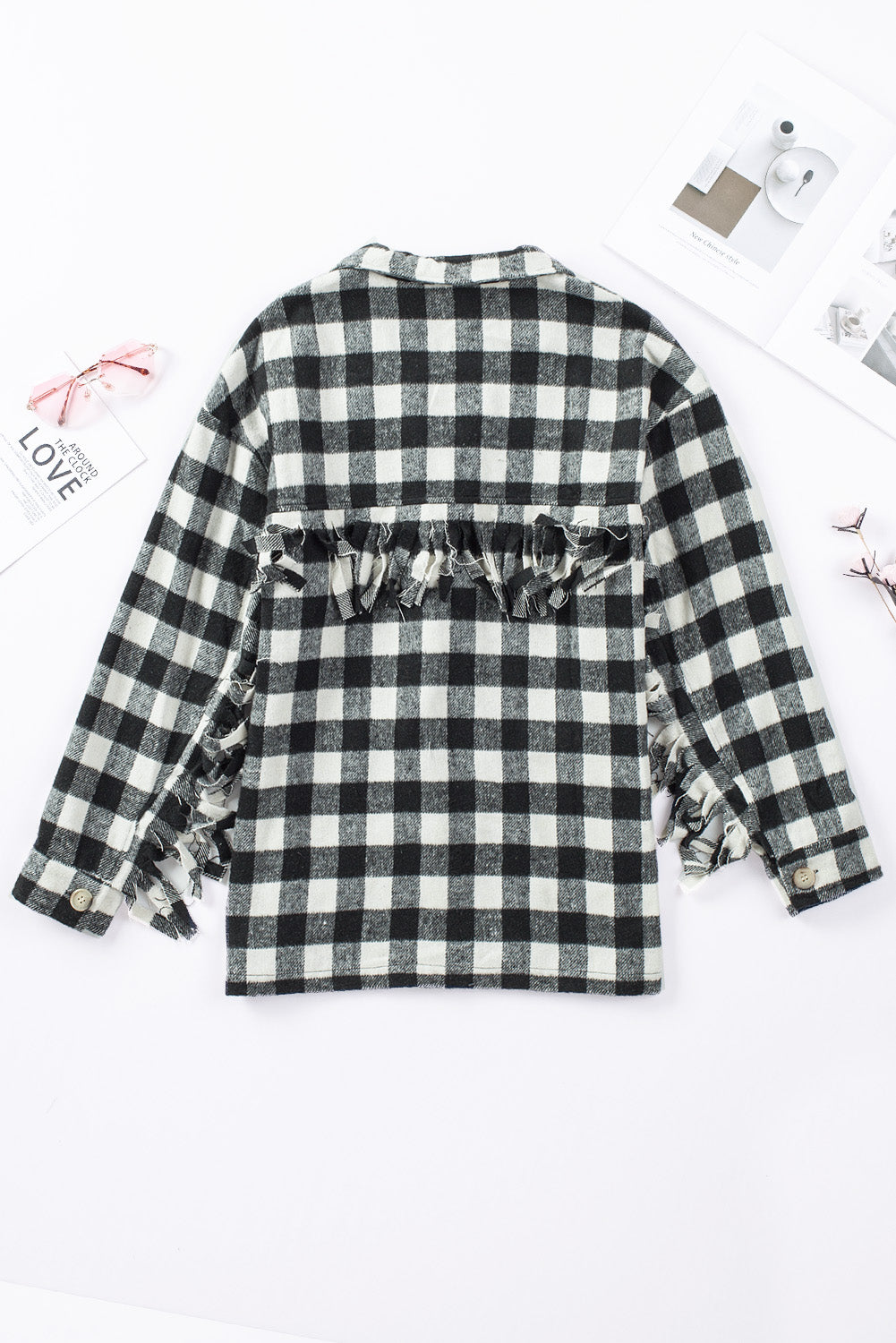 Black Fringed Plaid Print Shacket