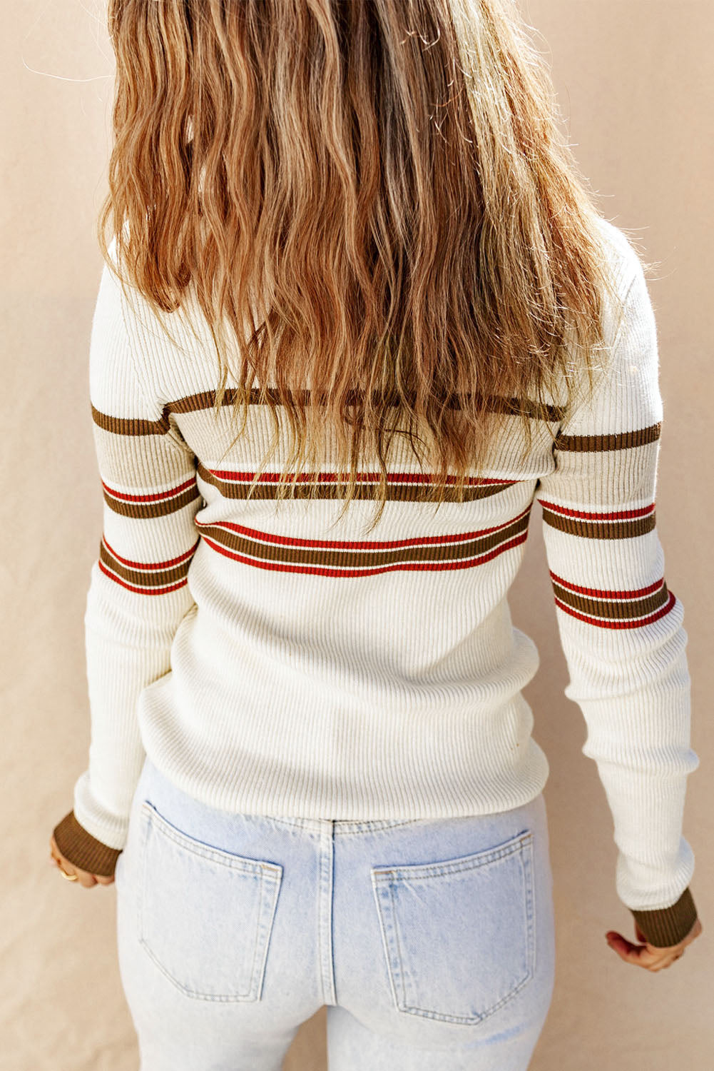 White Rib Knitted Stripe Detail Henley Sweater