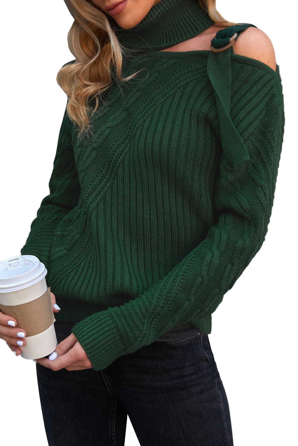 Green Strapped Cut out Shoulder Turtleneck Sweater