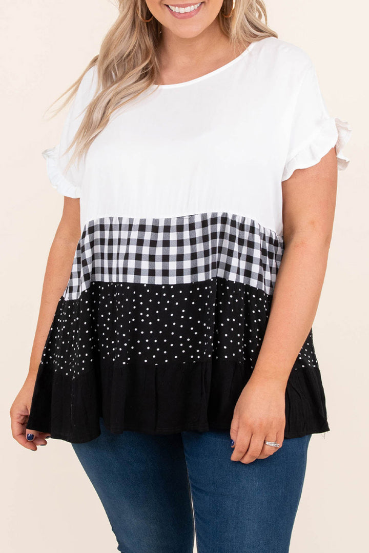 White Plaid Dot Ruffled Plus Size Babydoll Top