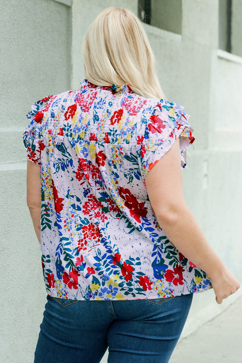 Red Plus Floral Print Ruffle Cap Sleeve V Neck Blouse