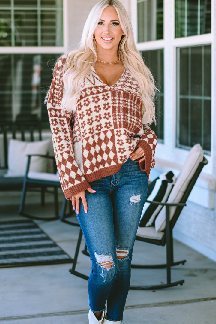 Brown Mixed Pattern V-Neck Oversized Sweater