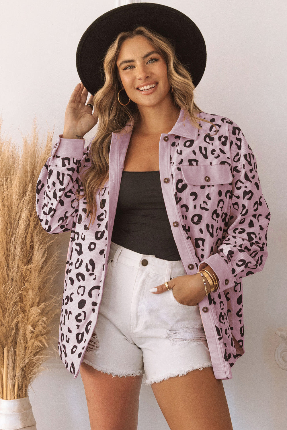 Pink Collared Neckline Flap Pockets Leopard Corduroy Jacket