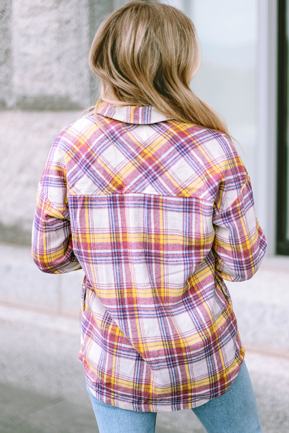 Red Plaid Print Rounded Hem Shirt Jacket