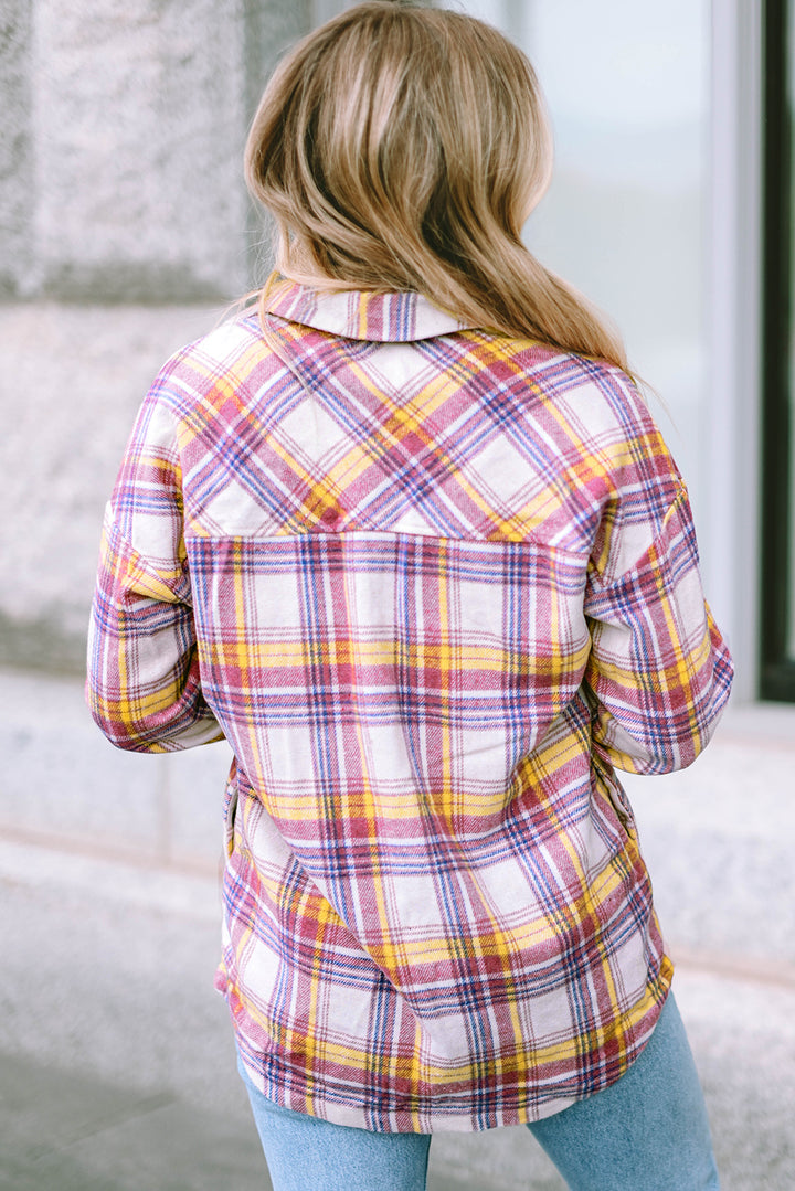 Red Plaid Print Rounded Hem Shirt Jacket