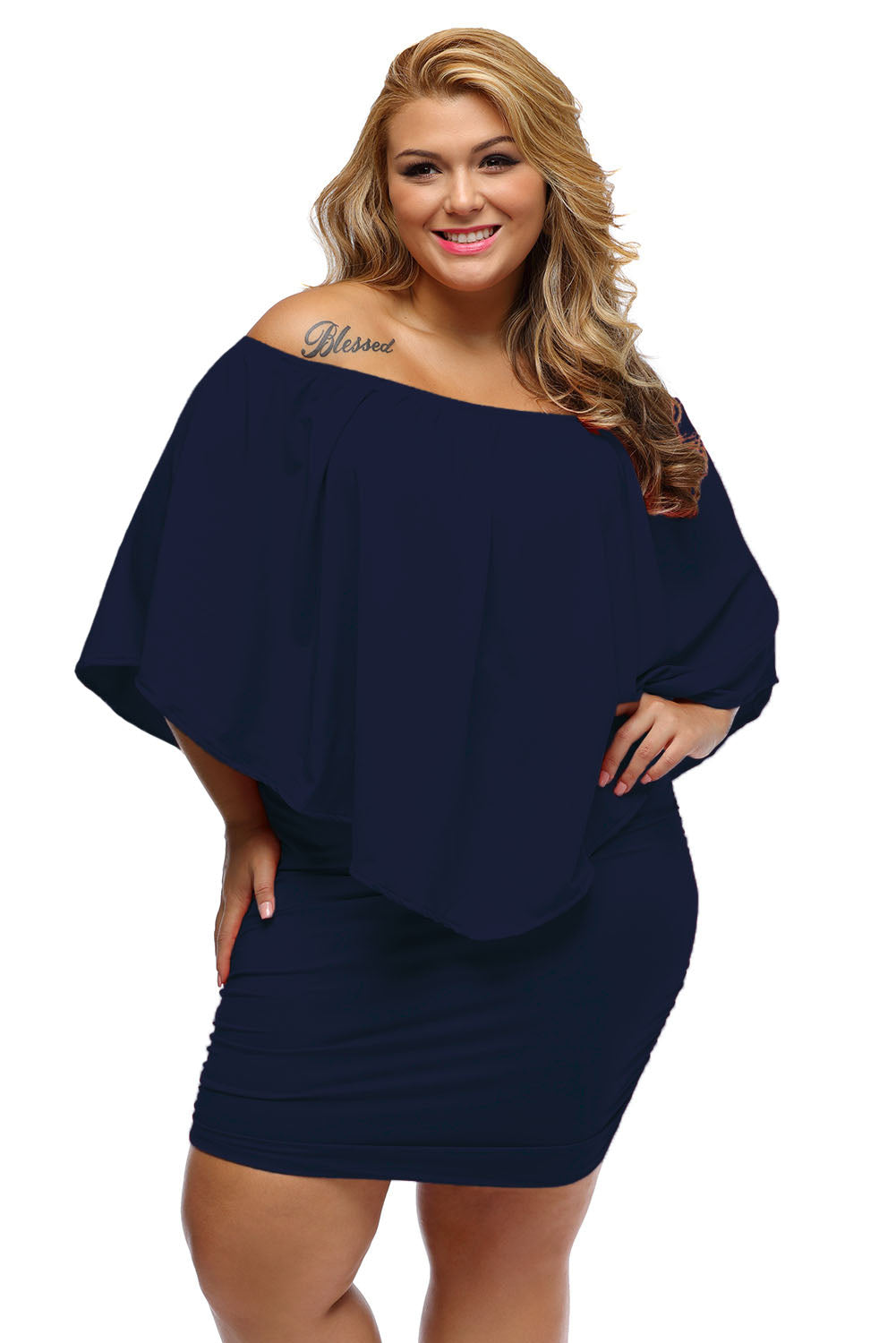 Plus size Dressing Layered Dark Blue Mini Poncho Dress