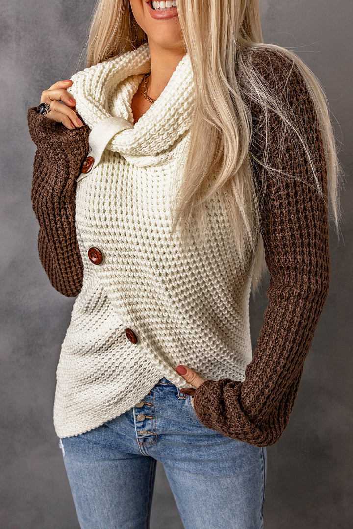 Brown Button Turtle Cowl Neck Asymmetric Hem Wrap Pullover Sweater