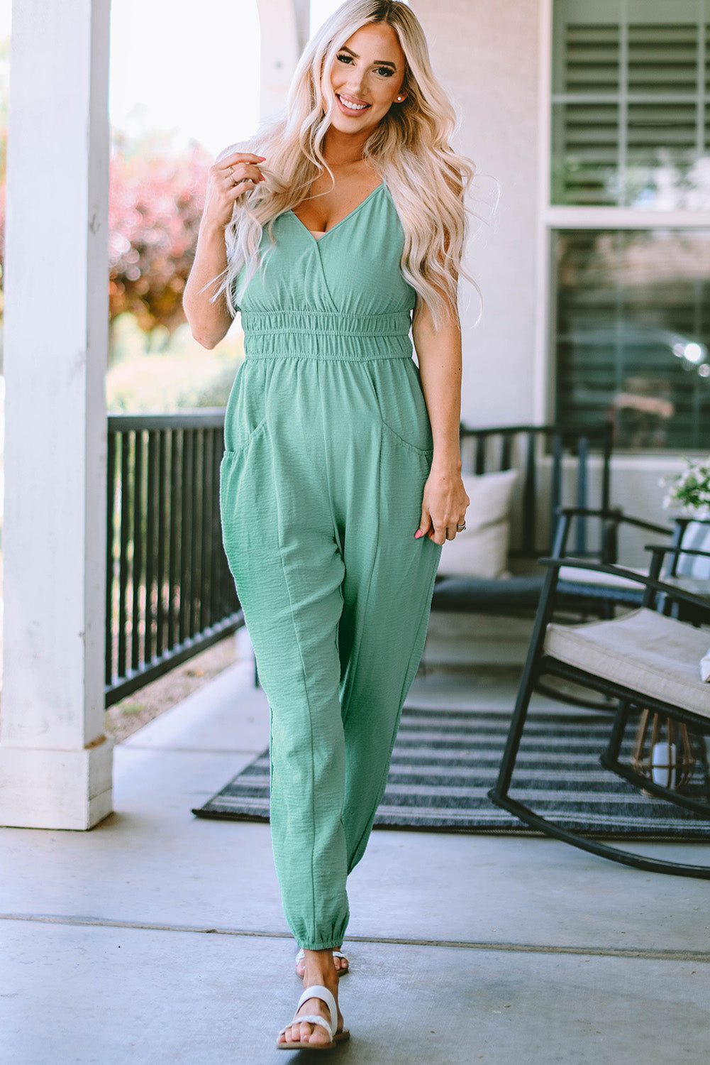 Green Shirred High Waist Sleeveless V Neck Jumpsuit