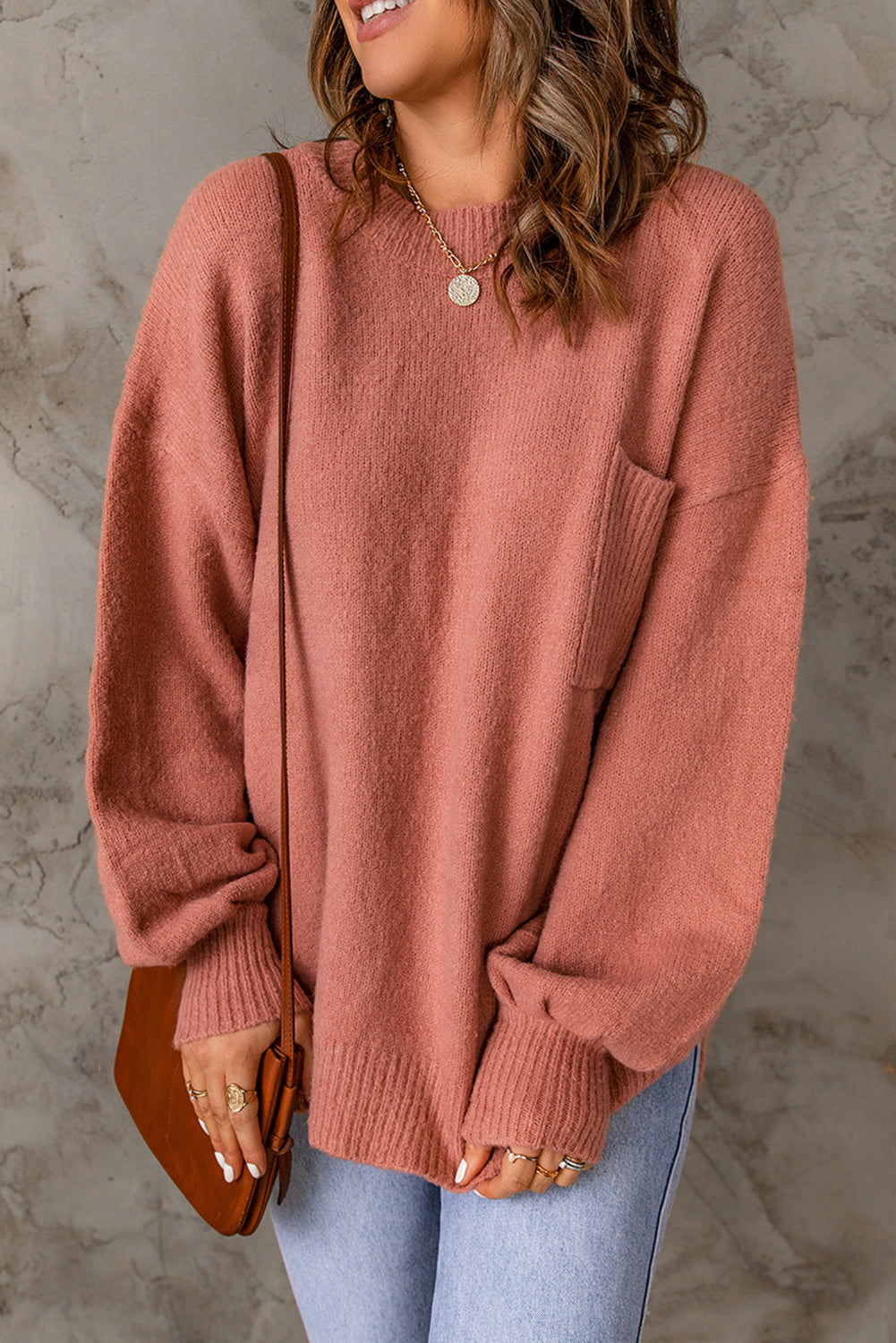 Solid Color Puffy Sleeve Pocketed Sweater