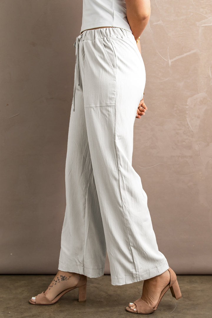 White Drawstring Waist Crinkled Wide Leg Pants