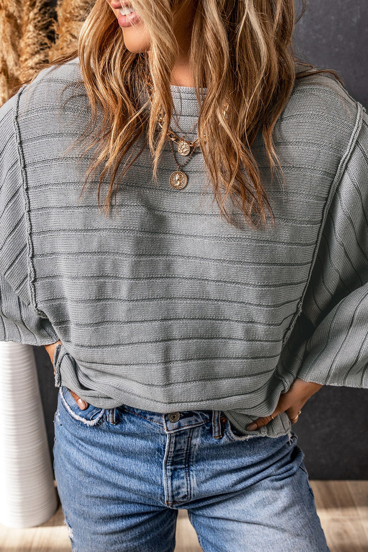 Gray Exposed Seam Ribbed Knit Dolman Top