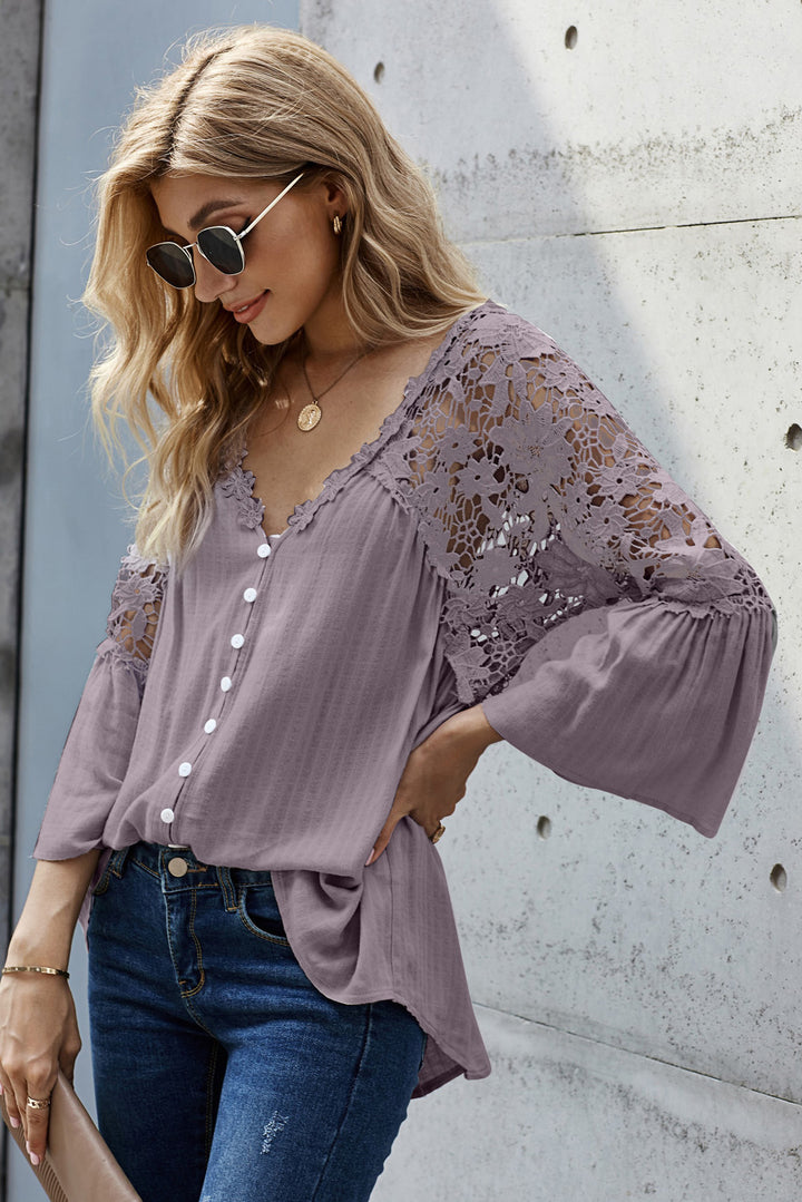 Chic Purple Crochet Lace Button Blouse Top