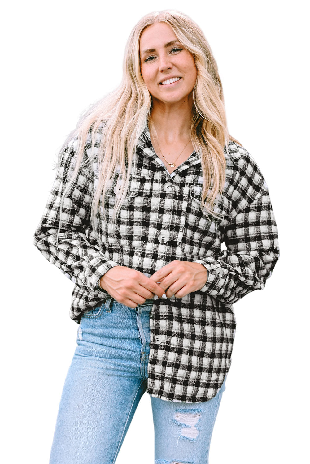 Black Plaid Print Chest Pockets Buttoned Tunic Shacket