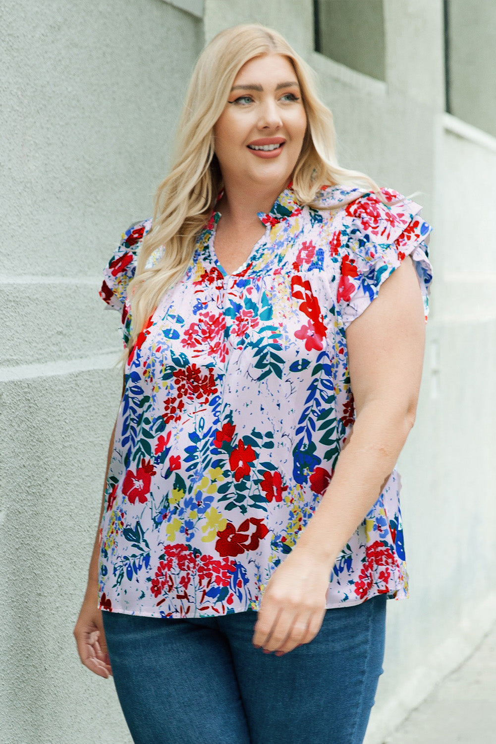 Red Plus Floral Print Ruffle Cap Sleeve V Neck Blouse