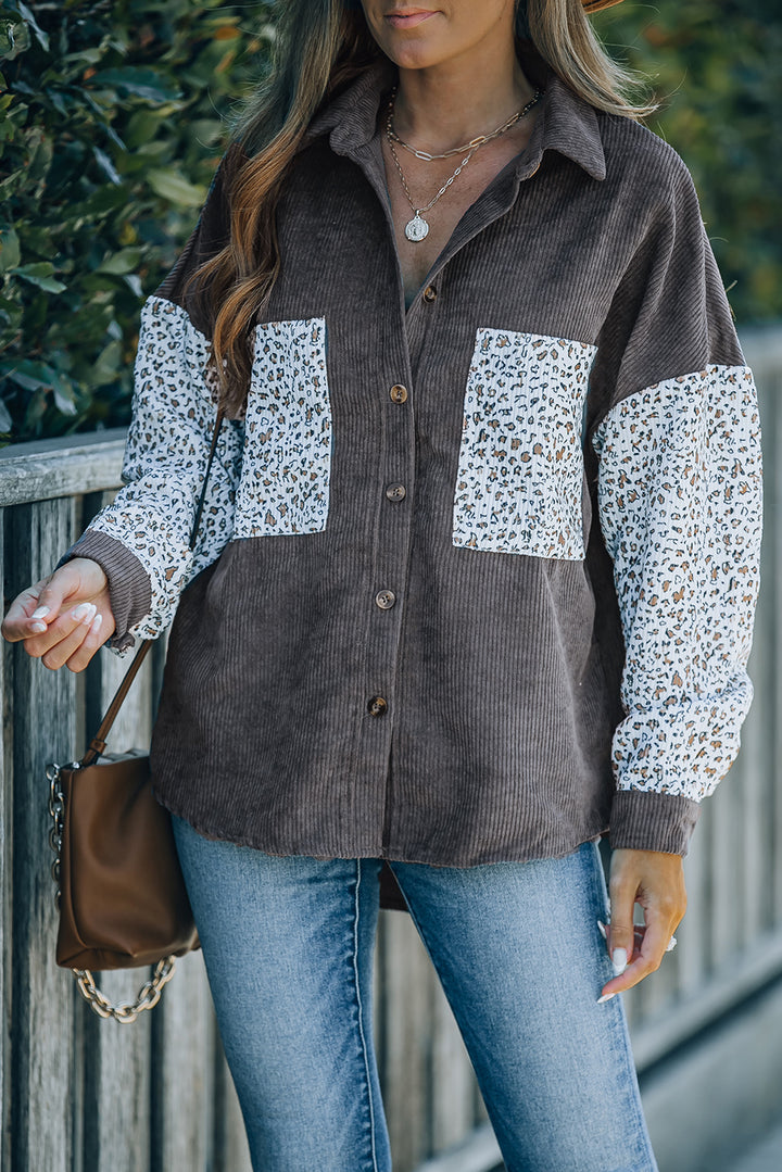 Gray Leopard Patchwork Corduroy Buttoned Shirt Jacket