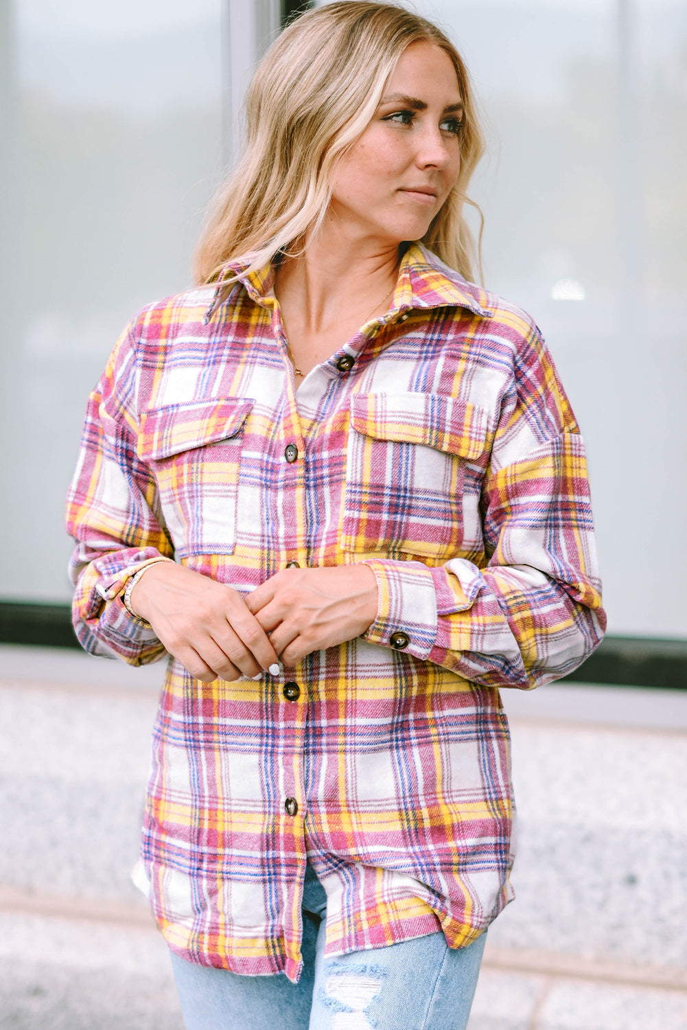 Red Plaid Print Rounded Hem Shirt Jacket