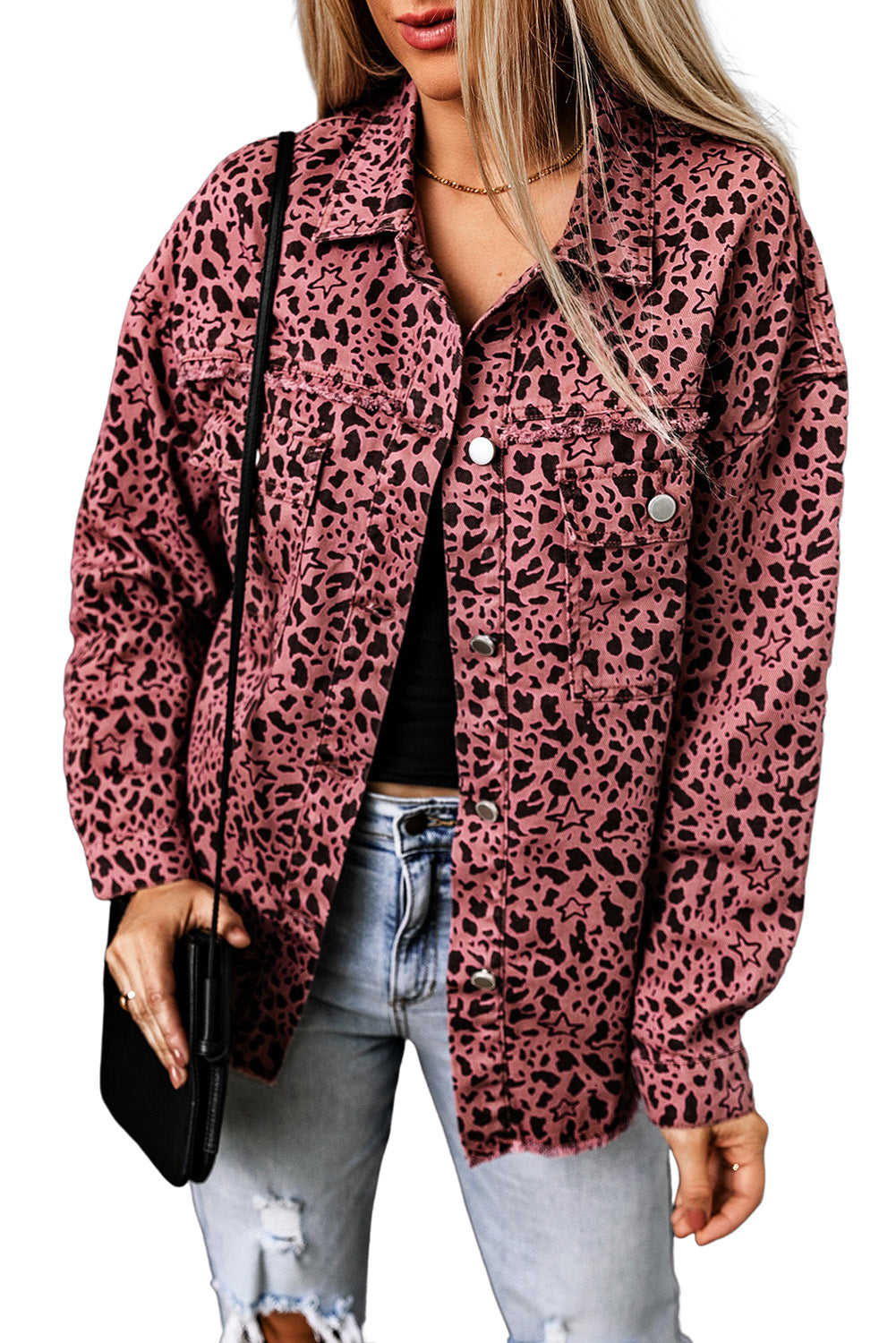 Pink Stars & Animal Spots Print Button Up Denim Shacket