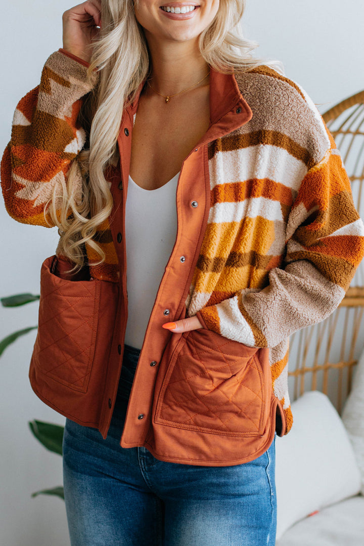 Brown Quilted Patch Pockets Aztec Furry Jacket