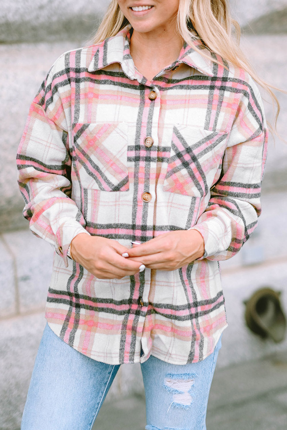 Pink Plaid Button Front Chest Pocket Shacket