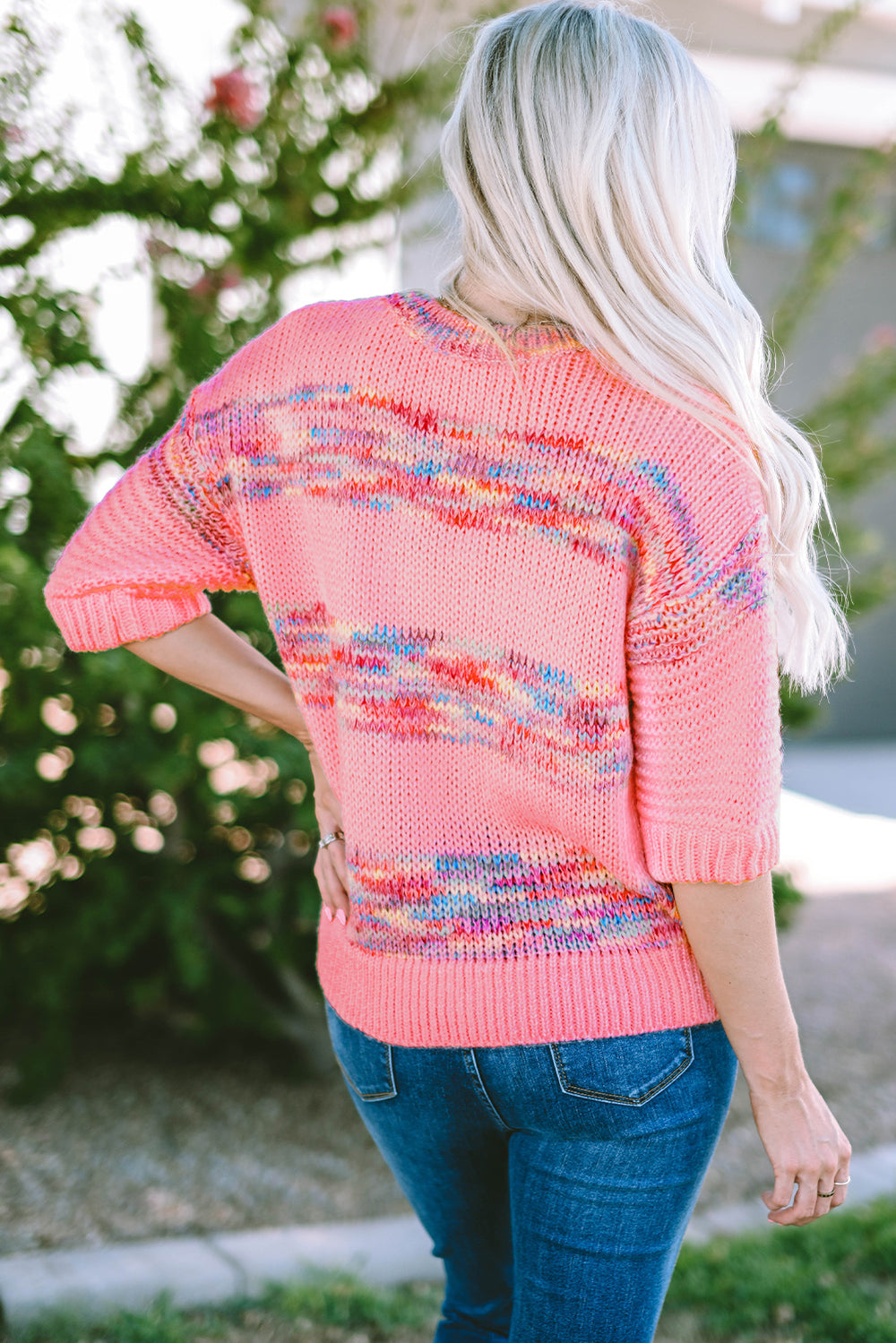 Rose Colorful Stripes 3/4 Sleeve Loose Sweater