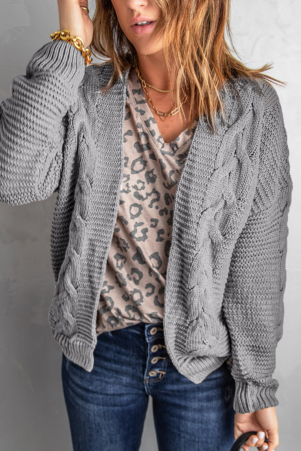 Gray Chunky Wide Long Sleeve Knit Cardigan