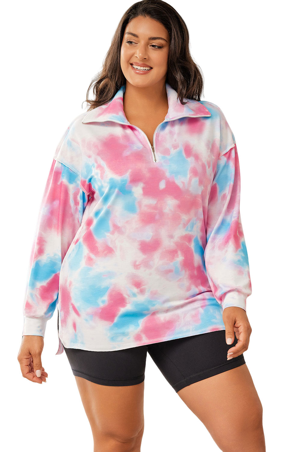 Multicolor Plus Size Tie-dye Zipped Collared Pullover Sweatshirt