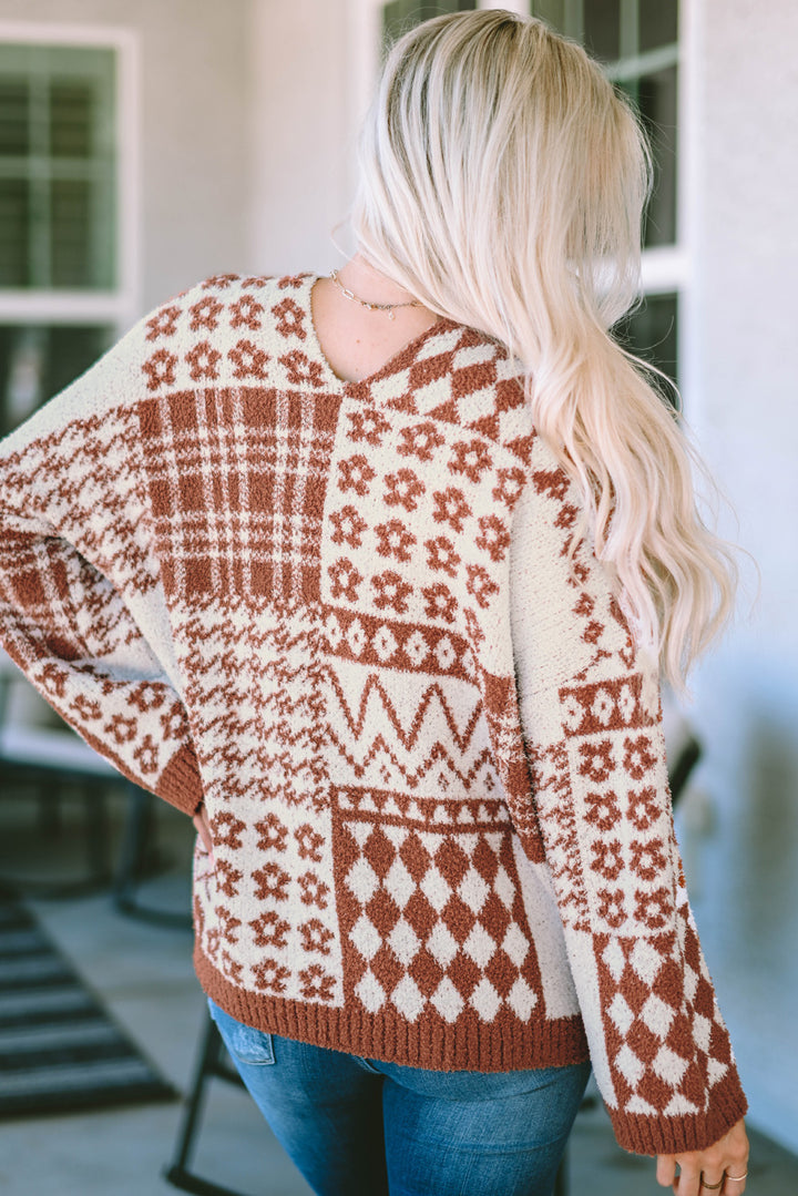 Brown Mixed Pattern V-Neck Oversized Sweater