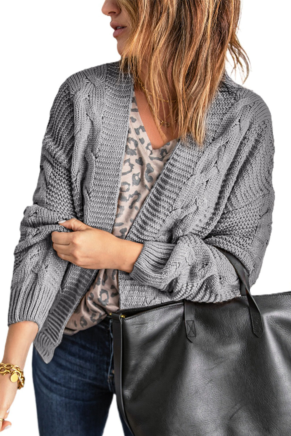 Gray Chunky Wide Long Sleeve Knit Cardigan