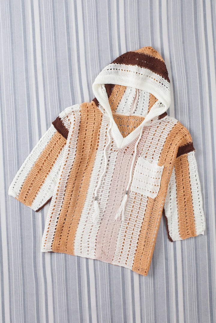 White Striped Colorblock Cut Out Hooded Sweater