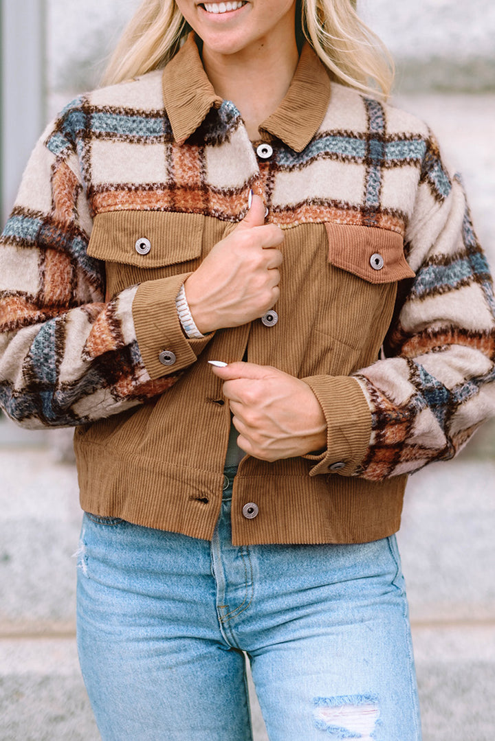 Khaki Plaid Corduroy Flap Pockets Boxy Chunky Jacket