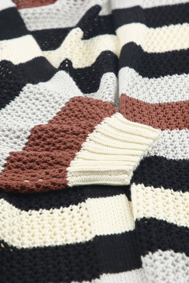 Black Striped Color Block Hollowed Knit Cardigan