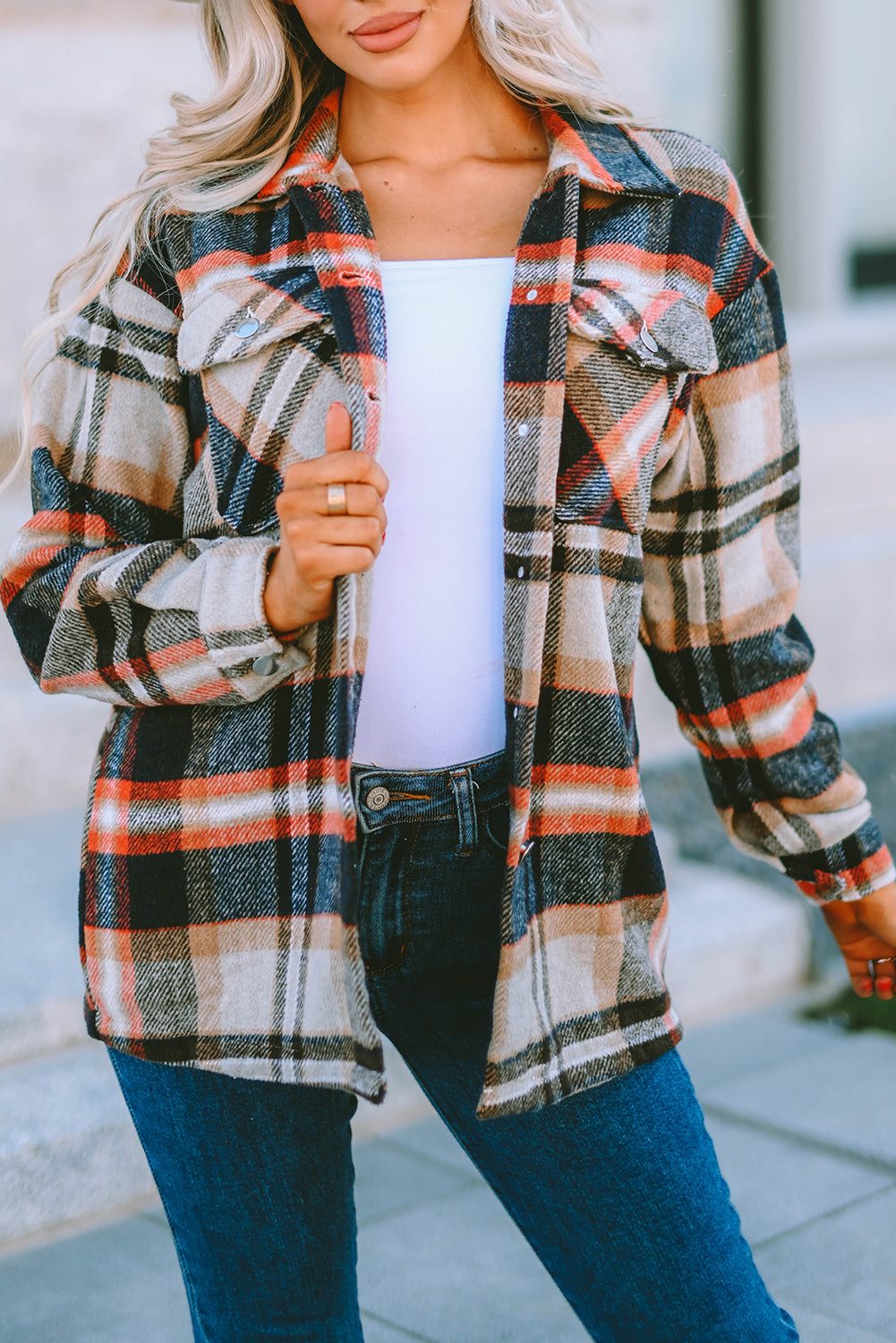 Khaki Geometric Plaid Print Pocketed Shacket